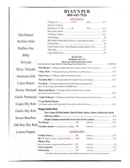 MENU | Ryan's Pub